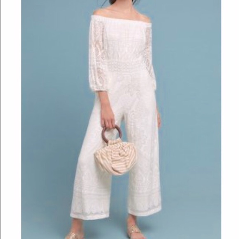 FARM RIO Anthro Off-The-Shoulder Ivory Jumpsuit
